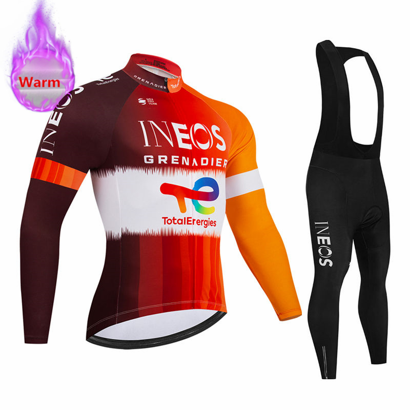 Cycling Bib Shorts - Ineos Team Winter Langarm-Thermo-Fleece-Radtrikot-Set mit Trägerhose